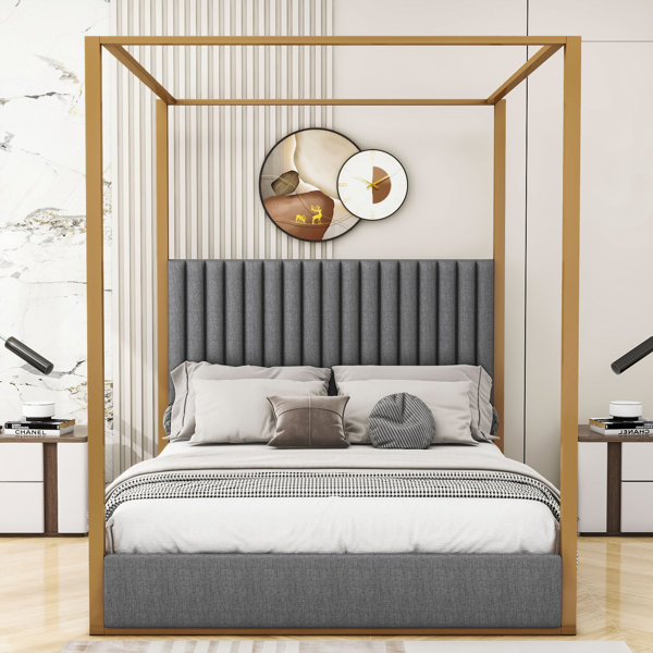 Mercer41 Zara Queen Size Linen Upholstery Canopy Bed with Headboard and ...